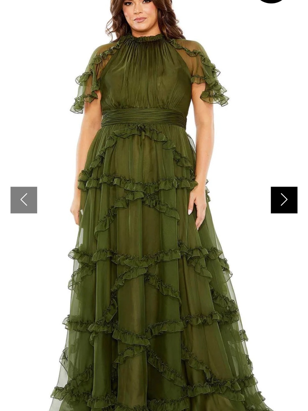 Mac Duggal High Neck Flutter Sleeve Ruffle Tiered Gown in olive.